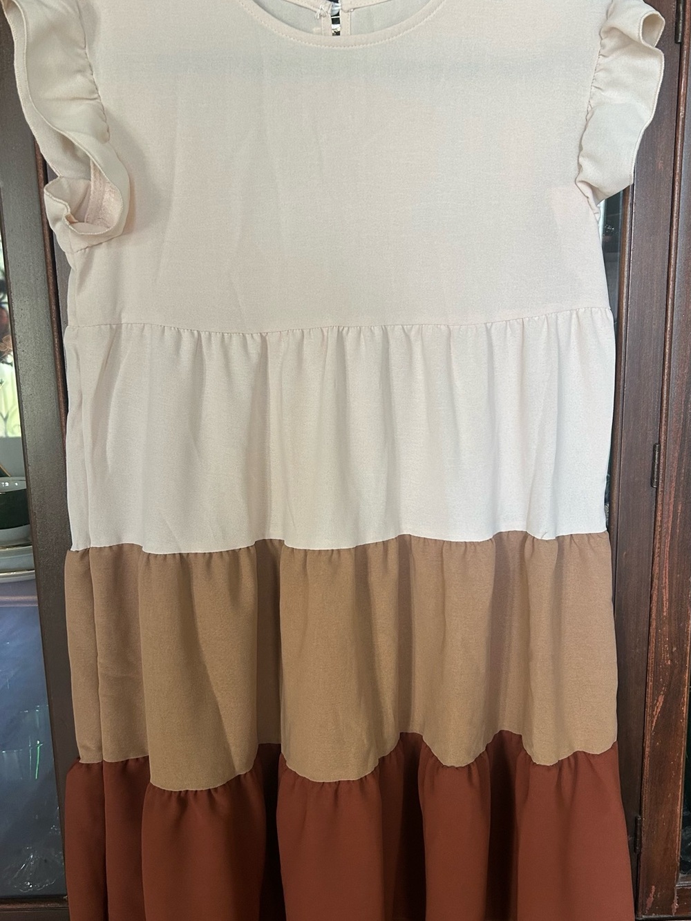 Women’s Tiered Ruffle Sleeve Dress in Cream, Tan & Brown
